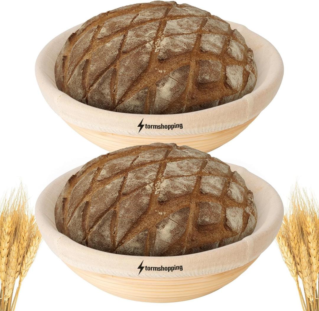 Banneton Bread Proofing Basket - Banneton Basket Set of 2 Pack 7 inch Round Sourdough Proofing Basket with Liner - Handmade Rattan Proofing Rising Bowl for Artisan Bread Making Baking Supplies