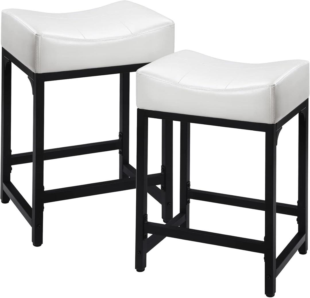 Off White Counter Height Bar Stools Set of 2, 24" White Bar Stools for Kitchen Counter with Saddle Cushion, Modern Backless Barstools Counter Stools Island Chair for Bar Kitchen
