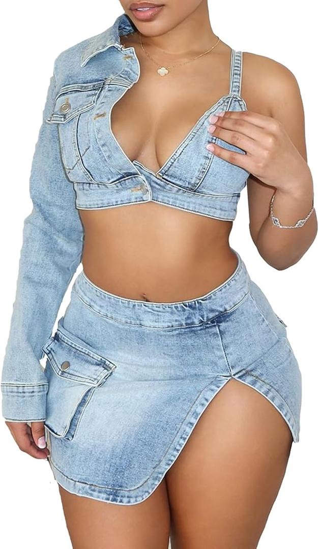 Molilove Women's Denim 2 Piece Outfits One-Shoulder Button Down Crop Top and Split Mini Skirt Set Summer Sexy Tracksuits M