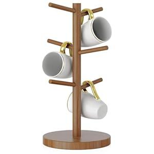 Wisuce Bamboo Coffee Mug Holder Tree, Thicker Base Coffee Cup Holder Stand for Counter, Countertop Mug Rack Organizer with 6 Hooks (Brown)