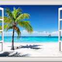 Beach Pictures Wall Art Decor for Living Room Blue Ocean Painting for Bedroom White Window Frame Style Palm Trees Canvas Wall Blue Coastal Landscape Artwork for Bathroom Home Office Decorations, Ready to Hang (24*36, Beach Palm Trees Wall Art)