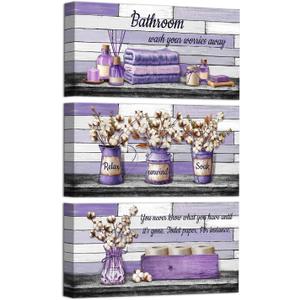 HOMEOART Farmhouse Bathroom Wall Decor - Pictures Canvas Wall Art for Bathroom Decor Framed 6x12inchx3Pieces (Purple)