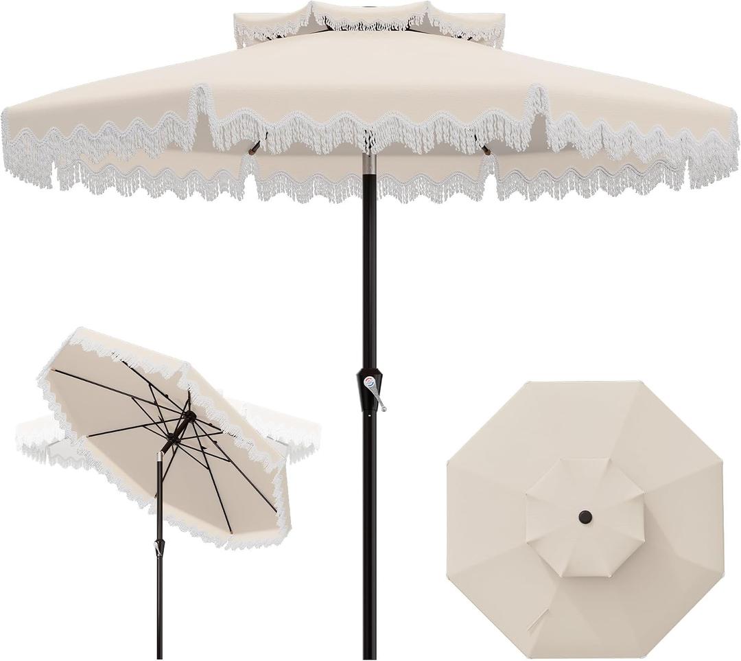 AreShark 9FT Patio Umbrella with Fringe, Wind-Resistant Fiberglass 8 Ribs Tassel Outdoor Umbrella with Crank and Push Button Tilt, Double Tier Vent Sun Shade for Pool, Deck, Backyard, Off-White