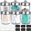 Amolliar 6Pc Apothecary Jars Bathroom Vanity Organizer- Rustic Farmhouse Decor Storage Canister&Stainless Steel Lids- Qtip Dispenser for Q-Tips,Cotton Swabs,Rounds,Ball,Flossers (Brushed Nickel)