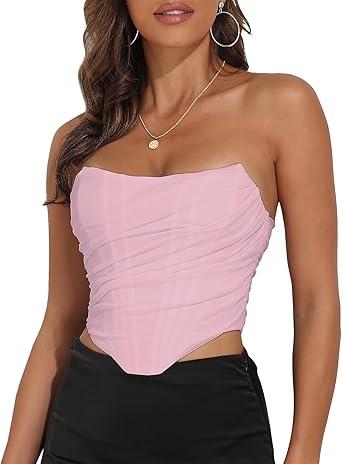 Women's Vintage Strapless Open Back Boned Mesh Bustier Zip Back Corset Bodyshaper Crop Top, 2XL