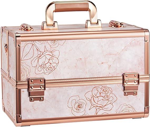 Joligrace Makeup Train Case Professional Cosmetic Organizer Aluminum Storage Box with 4 Adjustable Dividers Trays Lockable Portable with Shoulder Strap, Marble Flower