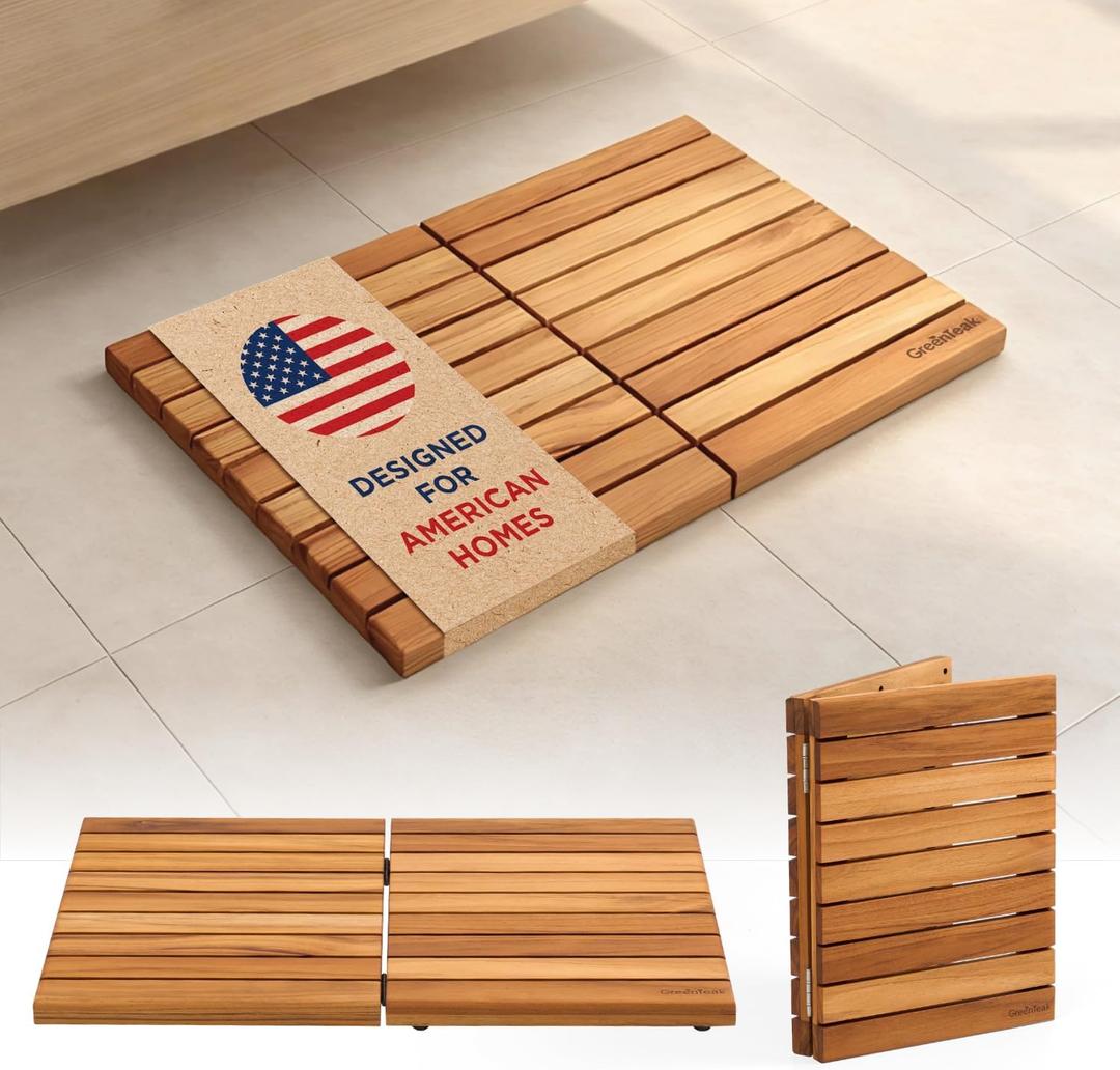 Premium 24"x16" Foldable Solid Teak Shower Mat, Non-Slip Bath Mat, 24" x 15.7"