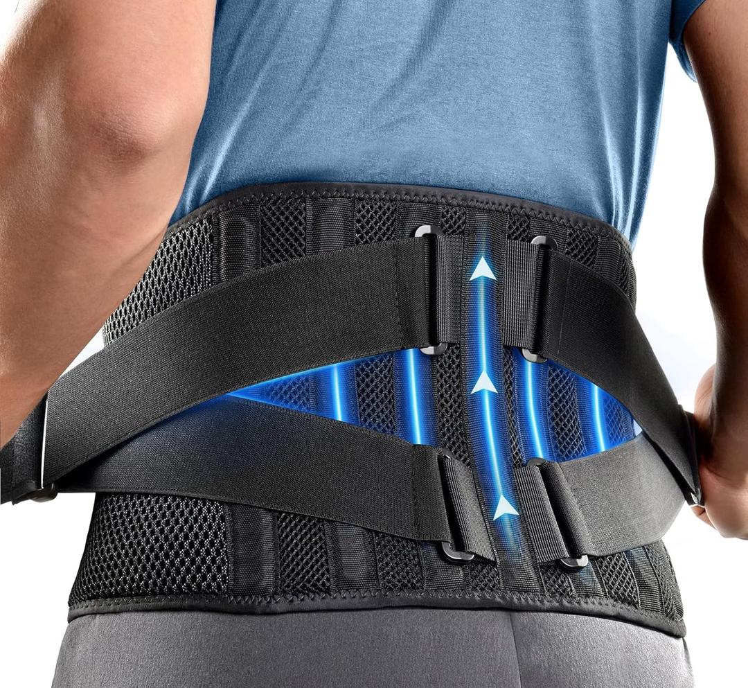 FREETOO Air Mesh Back Brace for Men Women Lower Back Pain Relief with 7 Stays, Adjustable Back Support Belt for Work, Anti-skid Lumbar Support for Sciatica Scoliosis (L(waist:44''-53''), Black)