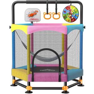 60" Trampoline for Kids, Twinkoo 5FT Fortified Toddler Trampolines with Anti-Rollover Bottom, Indoor/Outdoor Toddler Trampoline with Safety Enclosure, Adjustable Gymnastics Bars, Basketball Hoop
