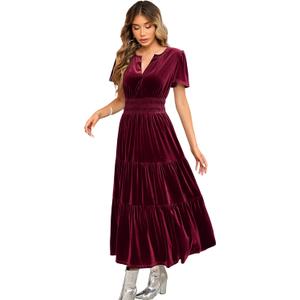R.Vivimos Women's Fall Winter Vintage Velvet Dress Short Sleeve V Neck Elastic Waist Tiered Ruffle A-Line Flowy Maxi Dress, Small