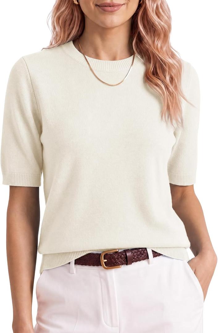 Saodimallsu Womens Short Sleeve Sweater Crew Neck Pullover Summer Lightweight Loose 2025 Knit Tops Dressy Casual Blouse (White)