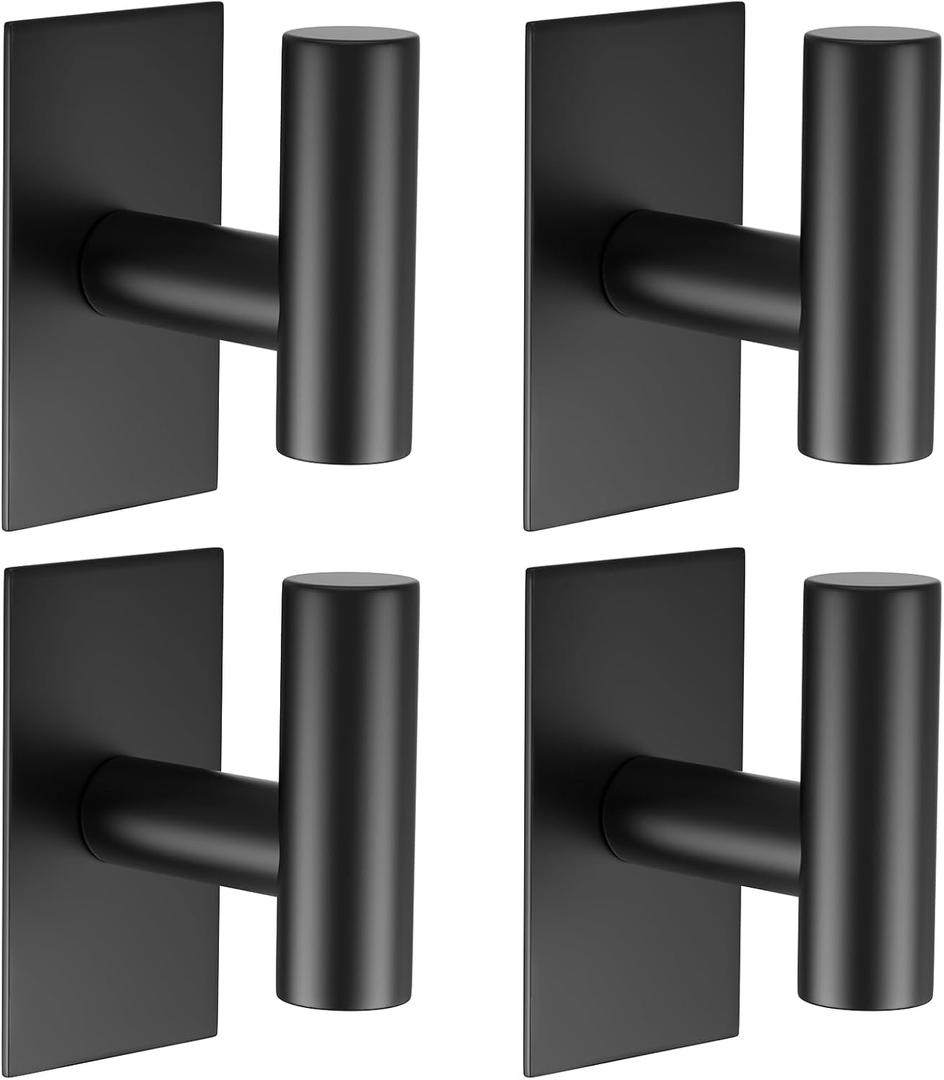 VAEHOLD Wall Towel Hooks, Heavy Duty Sticky Holder Waterproof Towel Hooks for Hanging Coat, Clothes, Closet Hook Wall Mount for Kitchen (Black, Adhesive 4 Pack)