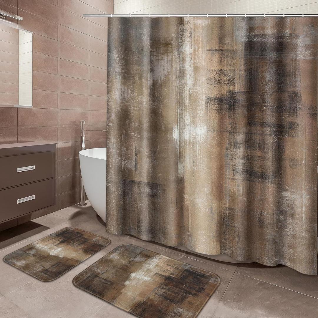 ArtSocket Brown Bathroom Set with Shower Curtain and Rugs Accessories, Brown Grey Abstract Modern Shower Curtain Set Abstract Bathroom Decor 3 Pcs