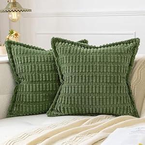 MIULEE Moss Green Corduroy Decorative Throw Pillow Covers Pack of 2 Soft Striped Pillows Pillowcases with Broad Edge Modern Boho Home Decor for Couch Sofa Bed 18x18 Inch