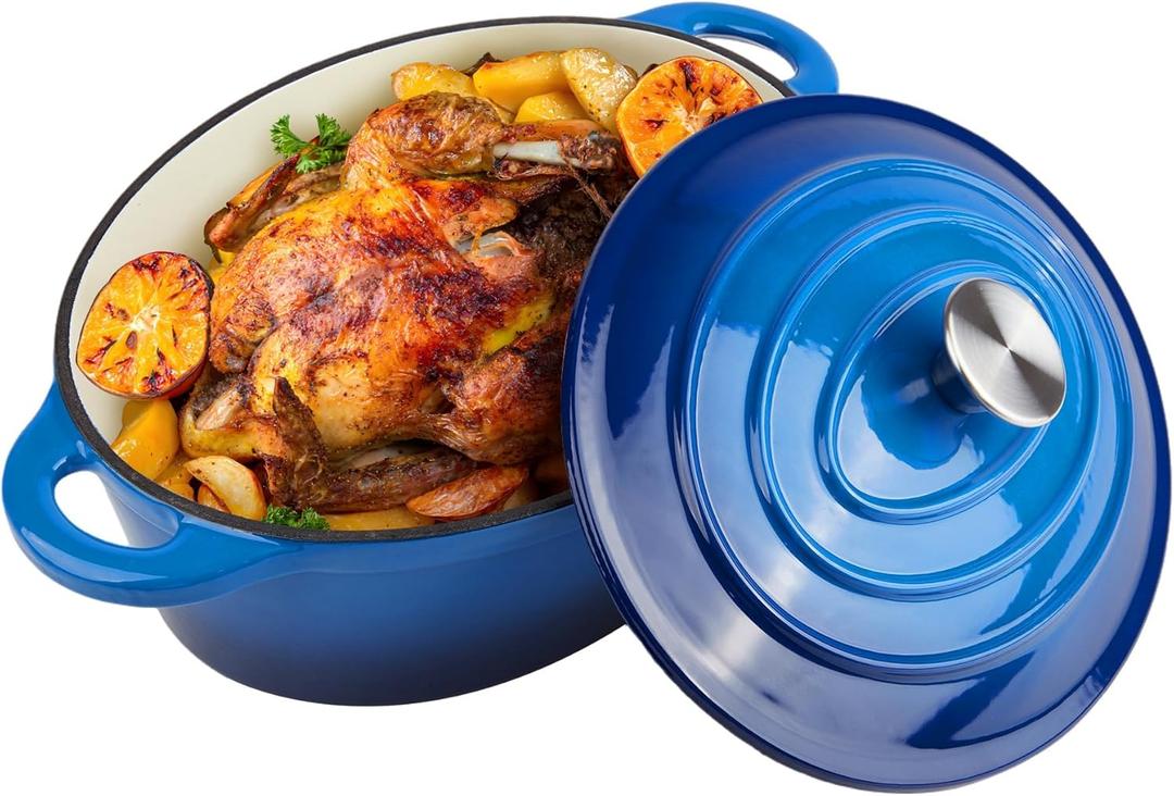 5.5 Quart Oval Enameled Cast Iron Dutch Oven Pot with Lid, Oven Safe up to 550 F & Dishwasher Safe, Sturdy Dutch Oven Cookware (Blue)
