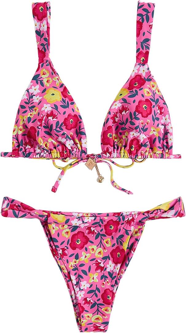 Women's 2 Piece Floral Print Bikini Set Triangle Bathing Suit Spaghetti Strap Tie Backless Swimsuit Sets (Pink, L)