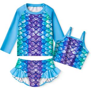 LQSZ Girls Rash Guard Sets Long Sleeves Swimsuit 3 Pieces Tankini Bathing Suit Swimwear for Girls 4-5T Years (Blue)