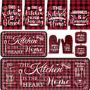 Fourluoo 10 Pcs Farmhouse Home Kitchen Decor Set 4 Kitchen Dish Towels 2 Pot Holders 2 Oven Mitt Rustic Rug and Mat for Cooking Baking Daughter Mom Gift Decor(Red White, Classic Style)