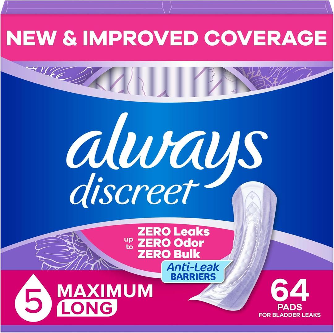Always Discreet Adult Incontinence Pads for Women, Drier, 5 Drop Long Length, Heavy Absorbency, Pads for Bladder Control Management, Bladder Leaks, & Postpartum Pads, 64ct