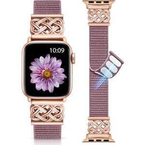 Minyee Nylon Loop Band Compatible with Apple Watch Bands 38/40/41/42/44/45/46/49mm Women Men, Celtic Knot Dressy Adjustable Breathable Braided Straps for iWatch Series 11 10 9 8 7 6 5 4 SE/Ultra 3 2 1 (Smoke Violet/Rose Gold)
