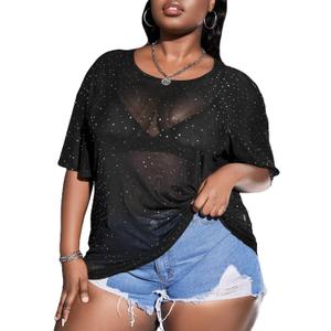 MakeMeChic Women's Plus Size Glitter Sheer Mesh Short Sleeve Tee Shirt Top (X-Large Plus, A Black Sequin)