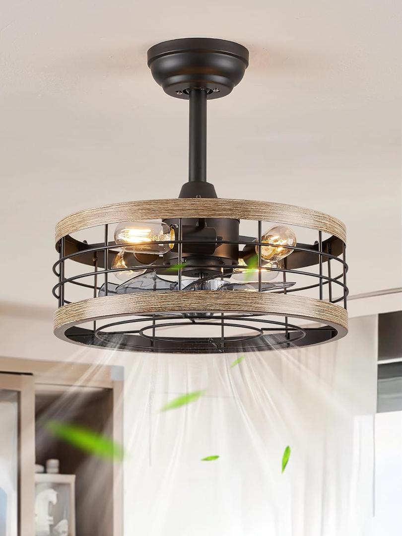 LEDIARY 16.5in Caged Ceiling Fan with Light, Fandelier Industrial Ceiling Fan with Remote, Rustic Metal Fan Lights Ceiling Fixtures for Kitchen, Farmhouse, Bedroom6 Speed,1/2/4/8h Timing-Brown (16.5 Inch)