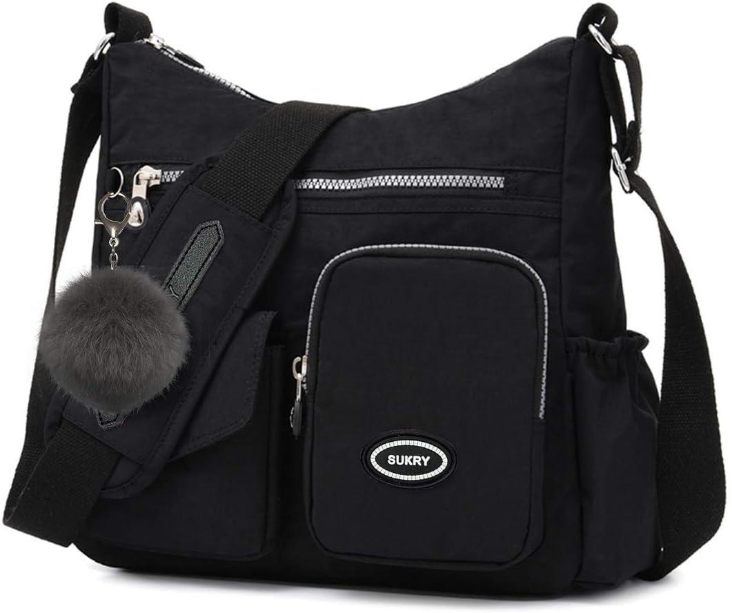 SUKRY Nylon Crossbody Bag for Women with Anti theft RFID Pocket, Waterproof Shoulder Bag Travel Purses and Handbag (Black-1)