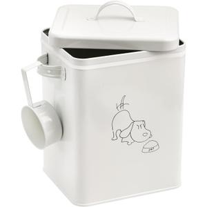 SOUJOY Pet Treat and Food Storage Bin with Lid and Scoop, 5LBS White Vintage Farmhouse Storage Tin, Coated Carbon Steel Canister, Gift for Dogs Owners