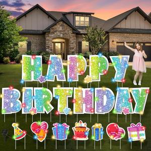 25 Pcs Extra Large 19.7 Inch Happy Birthday Yard Signs with Solar LED Light Glitter Pastel Rainbow Birthday Lawn Signs with Metal Stakes Waterproof Outdoor Decorations for Garden Party