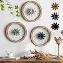 Paquesta 3 Piece Round Farmhouse Wall Decor with 6 Piece Interchangeable Flowers 12'' Medallion Wood & Metal Rustic Wall Art for Living Room Bedroom Kitchen Bathroom Dining Room Home Decorations (white wheel)