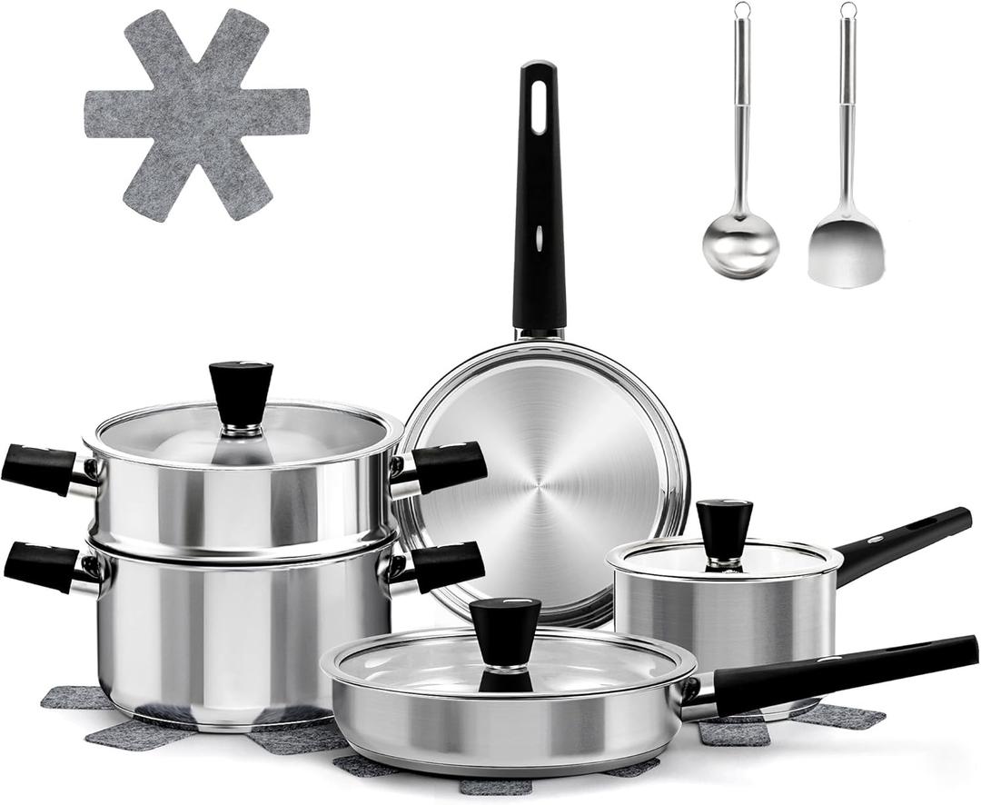 Meythway  Stainless Steel Cookware Set Non Toxic, 14PCs Stainless Steel Pots and Pans Set with Stay-Cool Handles, Kitchen Induction Cookware with Steamer, Utensil Sets and Pot Protectors