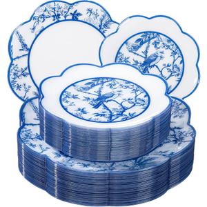 LIYH 60 Pcs Blue Plastic Plates Set - Heavy Duty Floral and White Plastic Plates for Party Wedding Elegant Plate Bridal Shower Floral Dinnerware Set - 10.25" Dinner & 7.5" Dessert Plate