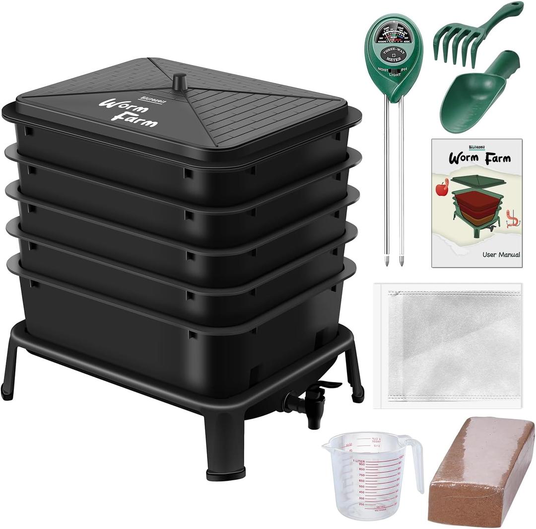 Bltezeit 5-Tray Worm Composter, 53QT Worm Compost Bin Indoor & Outdoor, Worm Farm Kit for Vermicomposting Starter, Recycling Food Waste (Black)
