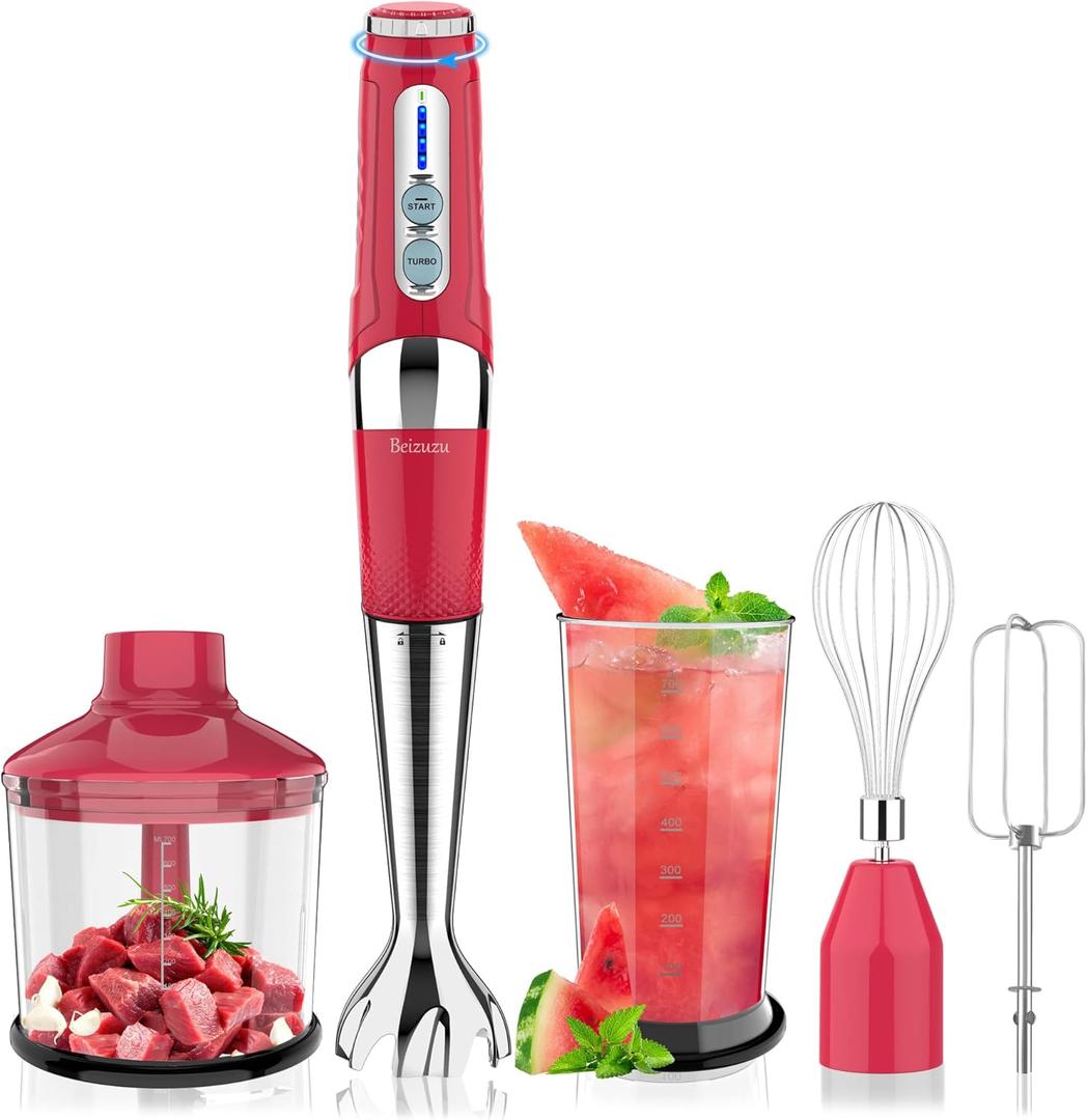 Cordless Hand Blender: 4-in-1 USB Rechargeable Immersion Blender, 21 Variable Speeds & 3-Angle Adjustable with 700ml Chopper, 700ml Beaker, Egg Whisk and Beater for Smoothies, Soup, Baby Food (Red)