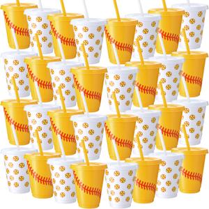 Sieral 30 Pcs Softball Cups with Straws and Lids, 16 oz Reusable Plastic Tumblers Iced Coffee Travel Mug Sports Softballs Water Bottle for Softball Theme Party Favor Birthday Decorations