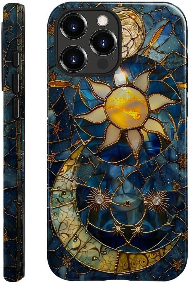 Generic Case Compatible with iPhone 15 Pro - Glossy Hybrid Durable Shockproof Phone Cover,Cases for Woman Girl - Moon Stars Celestial Glass