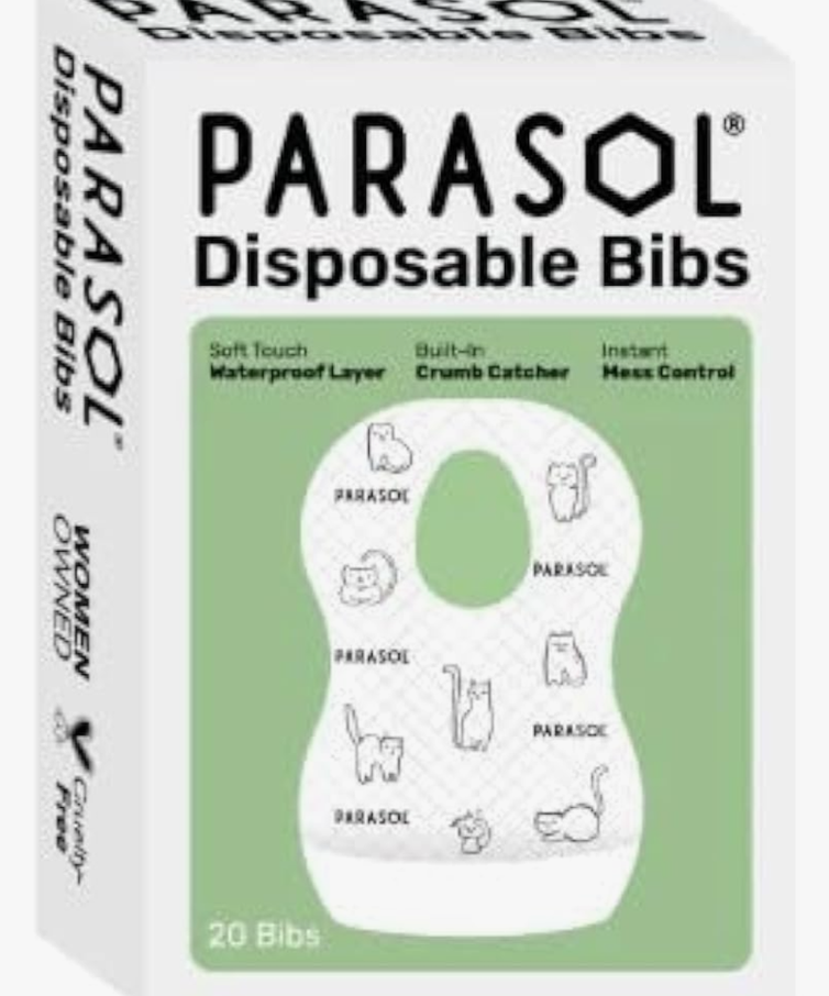 PARASOL Disposable Bibs, Soft-Absorbent Top Layer with Leak-Resistant Waterproof Backing, Built-In Crumb Catcher, Hypoallergenic, Disposable Bibs for Toddlers and Babies, 4 Boxes (20 Each), 80 Count