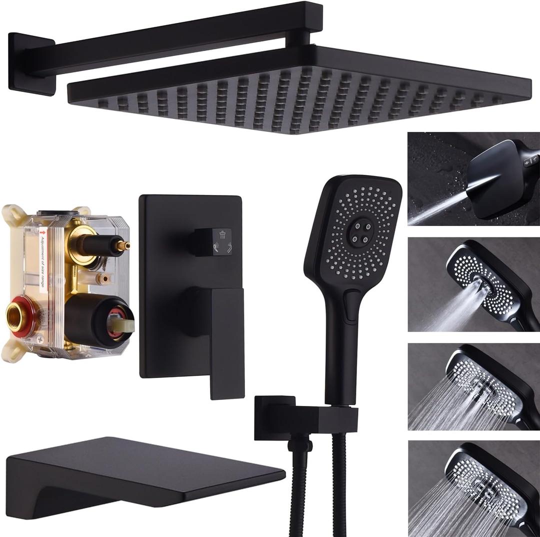 Shower System with Tub Spout 10 Inch Overhead Shower 4 Setting Handheld Spray Rough In Pressure Balance Valve Body with Trim Kit Wall Mounted Rainfall Bathtub Shower Faucet Set, Matte Black 10 Inch Original Model, with Tub Spout