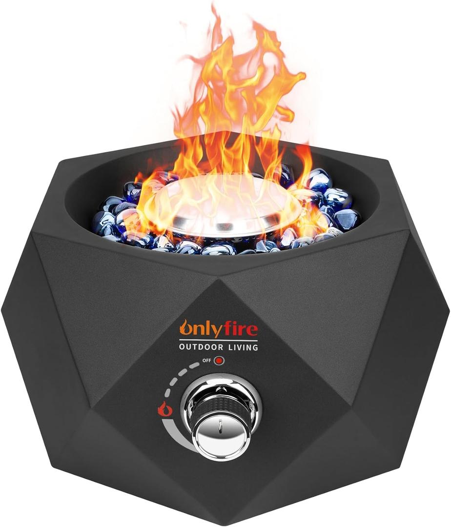 Onlyfire Tabletop Fire Pit Bottom-Mounted, 14" Portable Propane Gas Fire Bowl with Glass Stones for Table with Umbrella Hole, Table Fireplace for Outdoor Patio Camping Bonfire, FP003