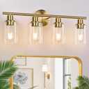 4-Light Bathroom Light Fixtures, Brushed Gold Modern Vanity Lights Over Mirror with Clear Glass Shade, Bathroom Wall Lamp for Mirror Kitchen Living Room Hallway Cabinet Porch Bedroom Reading room 