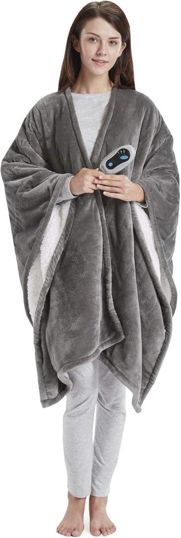Beautyrest Wearable Electric Poncho Wrap Blanket, Ultra Soft Sherpa & Berber Fleece Heated Throw with Low EMF,UL Certified & OEKO-TEX,3 Heat Settings & 2 Hour Auto Shutoff, Gift-Ready, 50" x 64",Grey