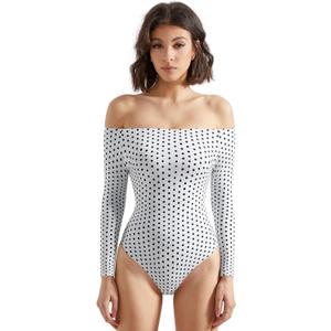 SUUKSESS Women Off the Shoulder Long Sleeve Bodysuit Double Lined Thong Bodysuit (Small, White Polka Dots)