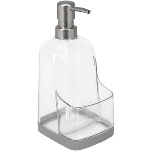 Spectrum Cora Kitchen Soap Dispenser with Sponge Holder for Kitchen Sink Organization, Easy to Clean Soap Pump Sponge Holder Storage Compartment Plastic Sink Caddy with Rubber Grip Base, Gray & Clear