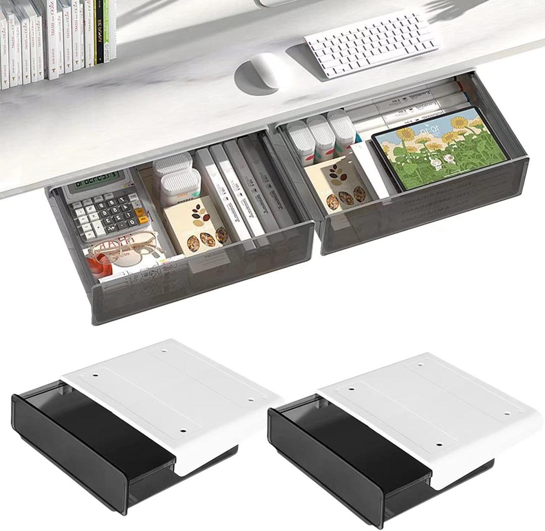 OSPNIEEK Self-adhesive Under Desk Drawer Organizer, 2 Pack Table Hidden Slide Out Large Storage Mounted Desktop Pencil Holder Tray Drawers for Office Home School Stationery Kitchen (Large, Black)