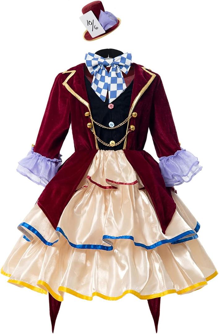 CR ROLECOS Mad Hatter Costume for Girls Kids Fairytale Tea Party Dress Outfit (Small, Wine Red)