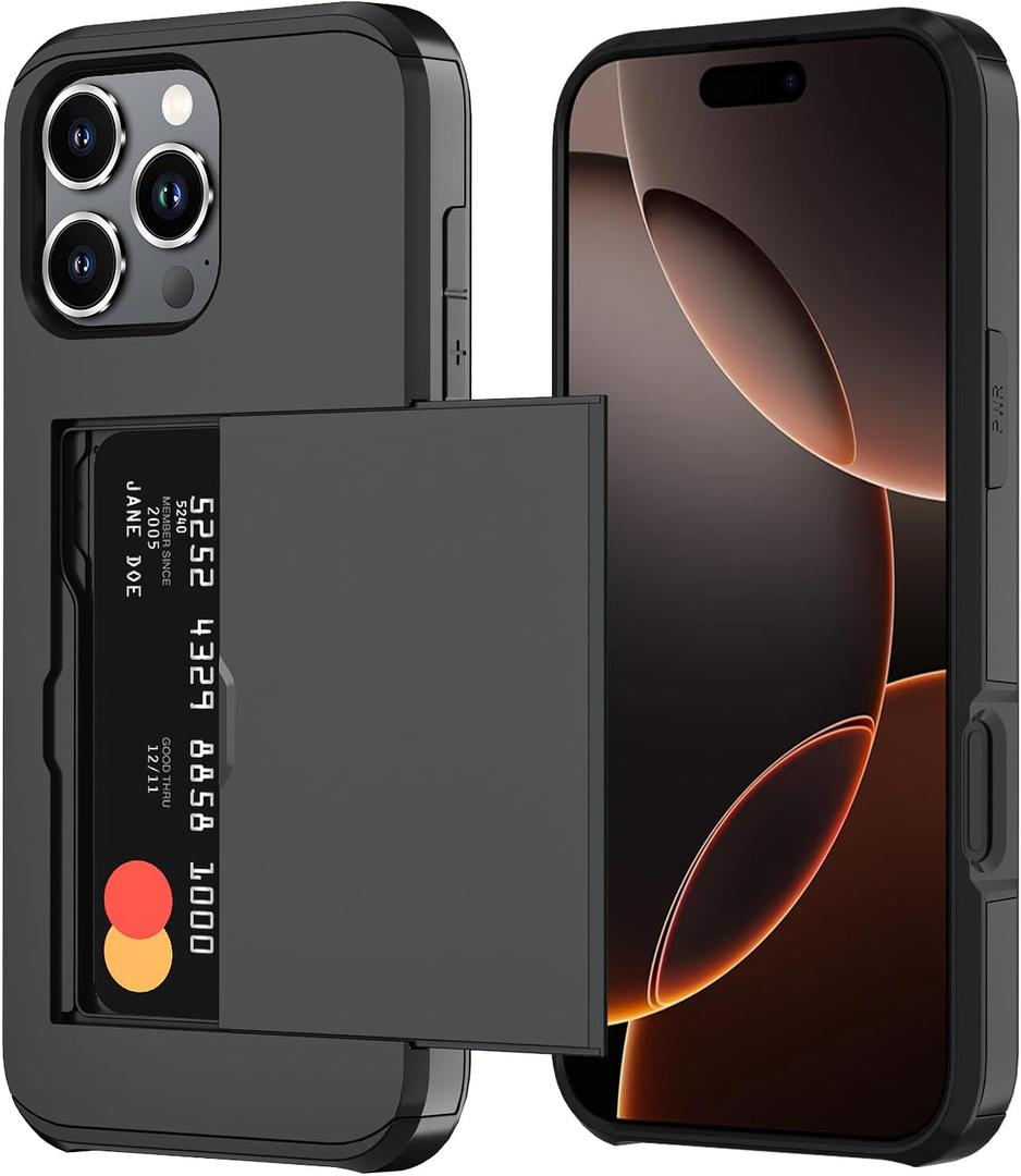 Qinmay Compatible with iPhone 16 Pro Case with Card Holder, Dual Layer Shockproof,Heavy Duty Protective Hidden Slot Slim Wallet Phone CoverBlack
