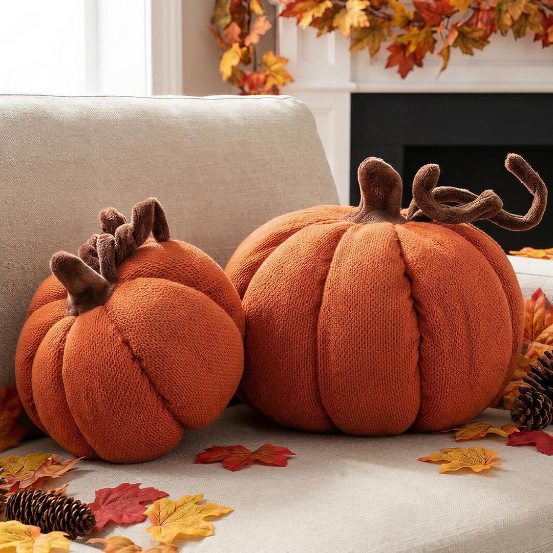 Ywlake Fall Pumpkin Pillows Set of 2, Halloween Decoration Pumpkin Throw Pillows Soft Cute 3D Shaped Cushion for Sofa Couch Bedroom Harvest Thanksgiving Autumn Decoration (Orange), 12.6x8.7 inch & 9x7.1 inch