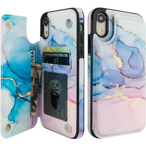 HAOPINSH for iPhone XR Case Wallet with Card Holder, Pink Blue Marble Pattern Back Flip Folio PU Leather Kickstand Card Slots Case for Women Girls, Double Magnetic Clasp Shockproof Cover 6.1"
