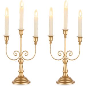 Candelabra Gold Candle Holders - 3 Arm 11.8" Wedding Candlestick Holder for Theme Party Table Centerpiece Decor Dining Room Birthday Holiday Christmas, Set of 2
