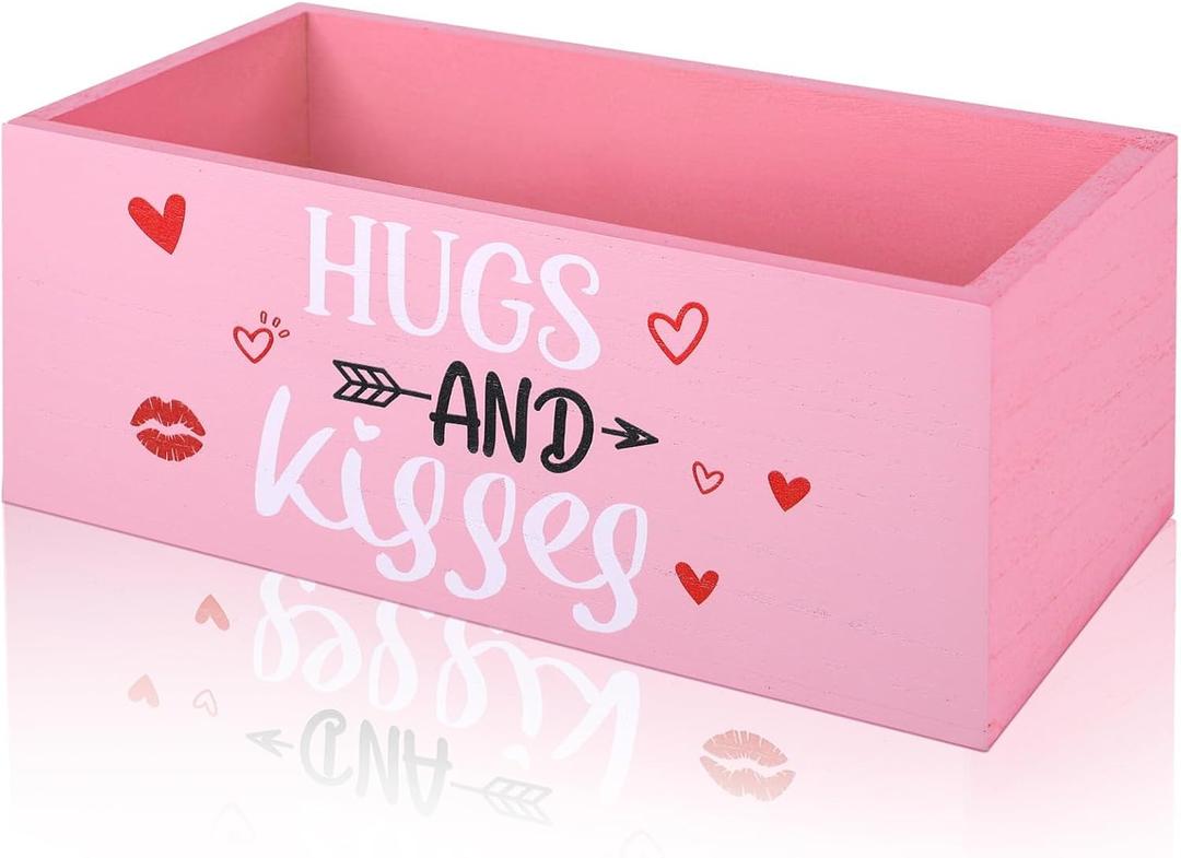 Wooden Valentine's Day Hugs and Kisses Candy Bowl Happy Valentine's Day Candy Dish Large Valentine Candy Dish Holders Wood Serving Bowl Tableware for Valentine Parties Decorations Holiday Decor